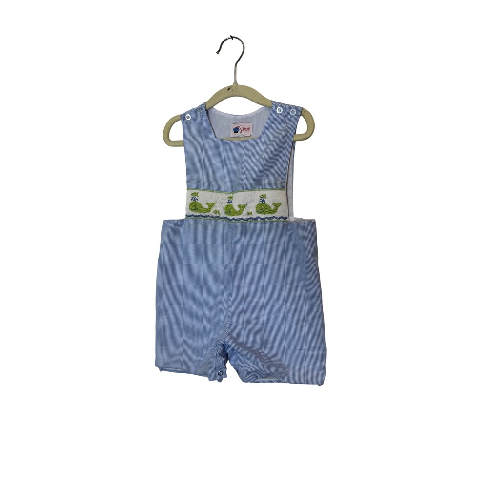 Surcie Overalls Boys 2T Blue Gingham Whale Smocked Shortall One Piece Summer